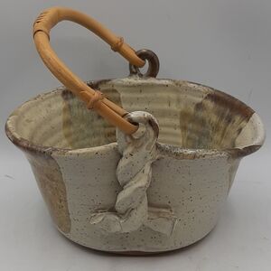 Vintage Studio Art Hand Thrown Pottery Dish Basket With Bamboo Handle Signed